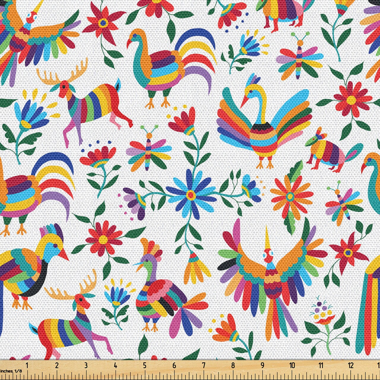 Ambesonne Mexican Fabric by The Yard, Traditional Latin American Art Design Natural Inspirations Flowers and Birds, Decorative Fabric for Upholstery and Home Accents, 2 Yards, Tan Brown